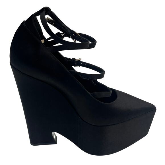 S6 VERSACE 4-Strap Heels Pump Tempest Wedge Satin Black IT37/US6.5 - Picture 2 of 9
